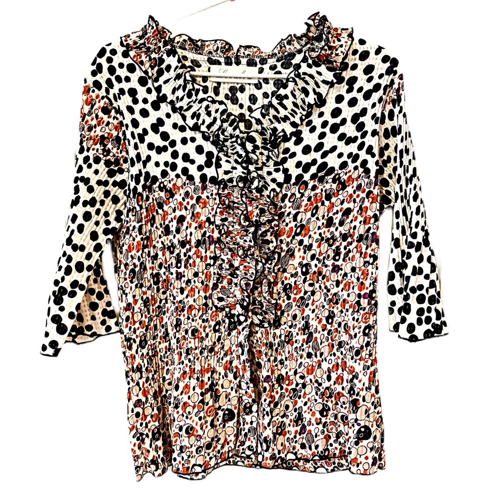 Lovabra Elbow Length Bell Sleeve Ruffle V Neckline Orange Black White Print Sz L